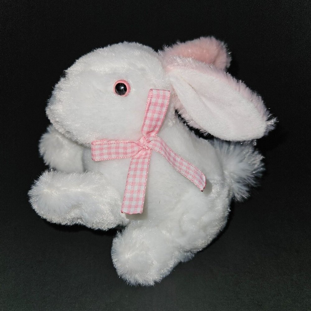 Homerbest White Bunny Rabbit Plush Small 5" Toy Pink Ears Gingham Bow Easter
